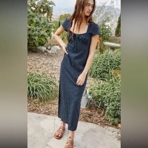 Free People Natalya Dress Womens M Navy Blue Boho Peasant Midi 90's Milkmaid